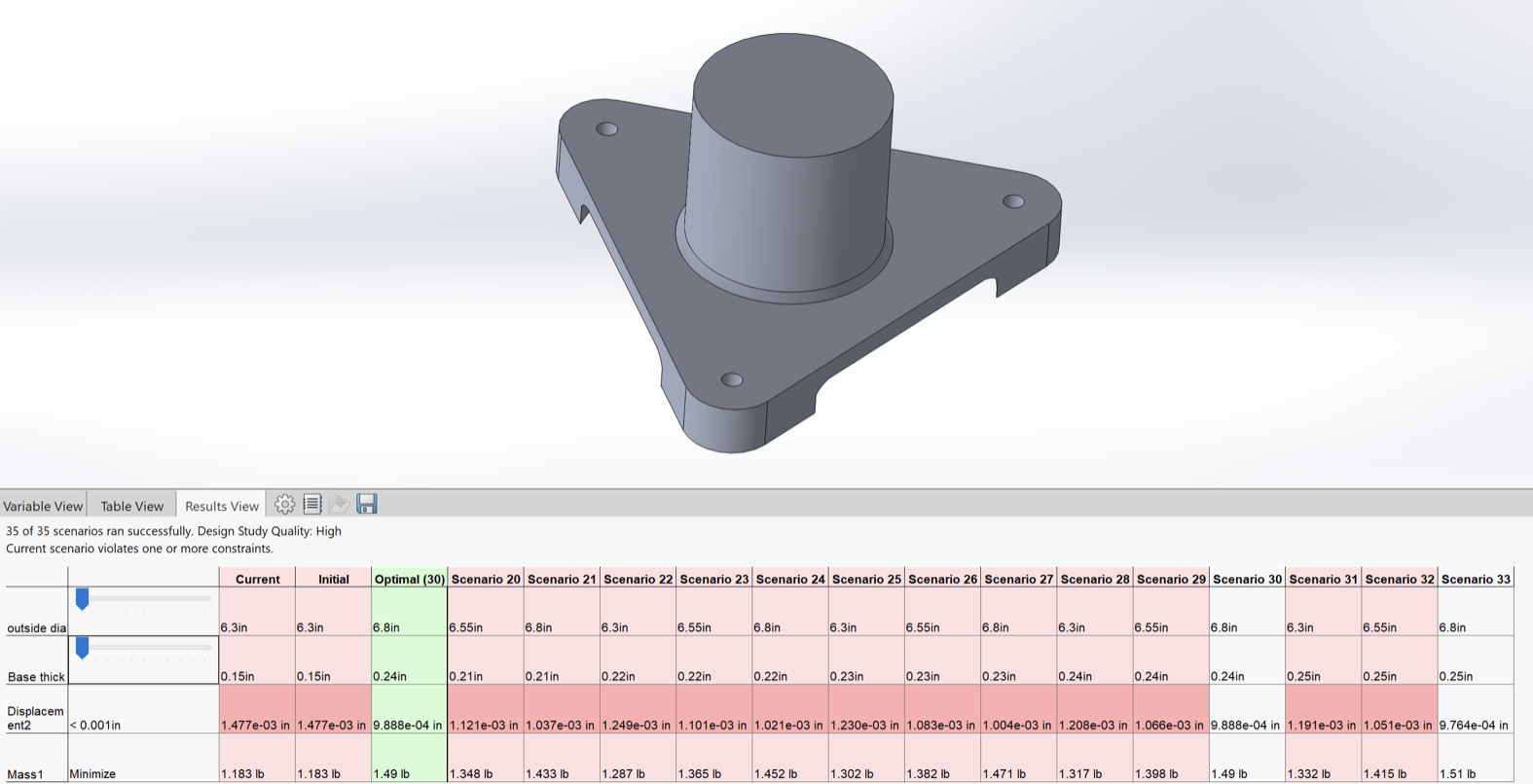SolidWorks design study on the adapter plate: the triangular plate with its cylindrical boss above a results table of 35 scenarios sweeping outside diameter and base thickness, with scenario 30 marked optimal in green.