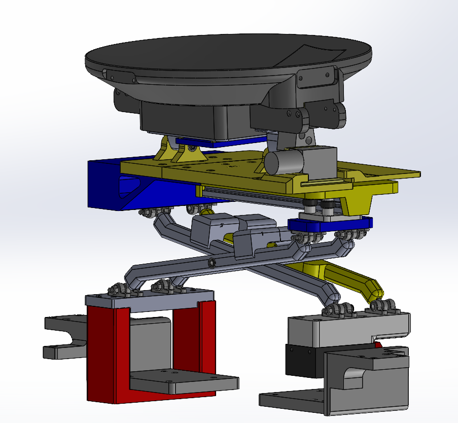SolidWorks render of the articulating landing cradle: a circular landing platform carried on a scissor linkage above a yellow deck plate, driven by an actuator, mounted to base brackets on rails.